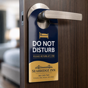 High-Gloss Door Hangers in use - hanging on a front door handle on a residential street at dusk