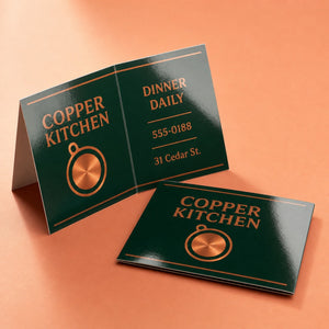 High-Gloss Folded Business Cards printed on 14PT card stock, scored and folded, 3.5 x 4 inches flat, folding down to 3.5 x 2 inches, shown at an angle