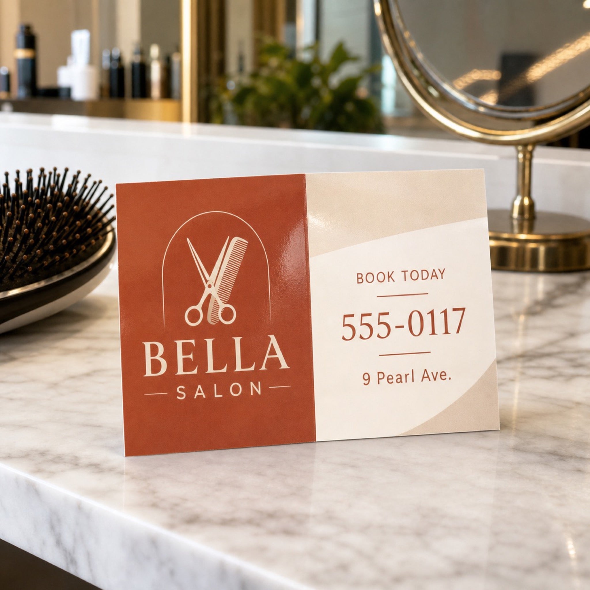 High-Gloss Folded Business Cards in use - open on a salon station beside a hairbrush