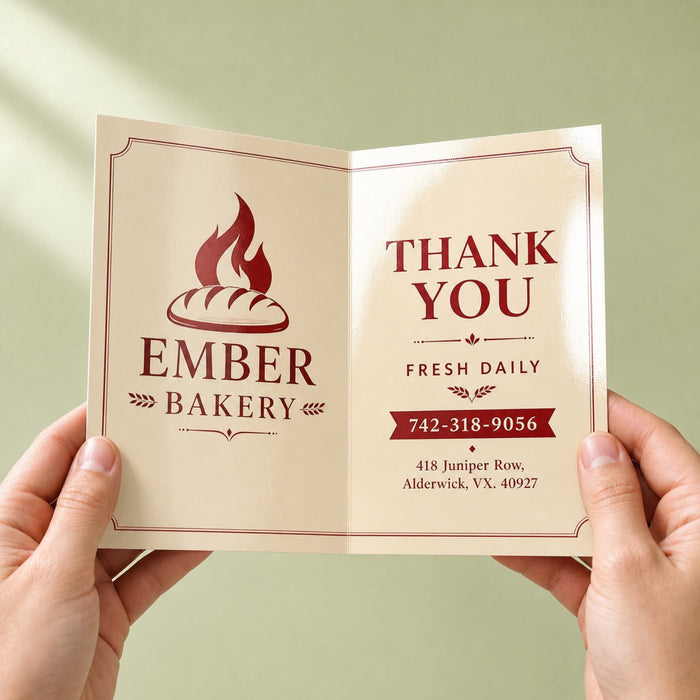 High-Gloss Greeting Cards held in hand showing its 10 x 7 inches flat, folding to 5 x 7 inches size