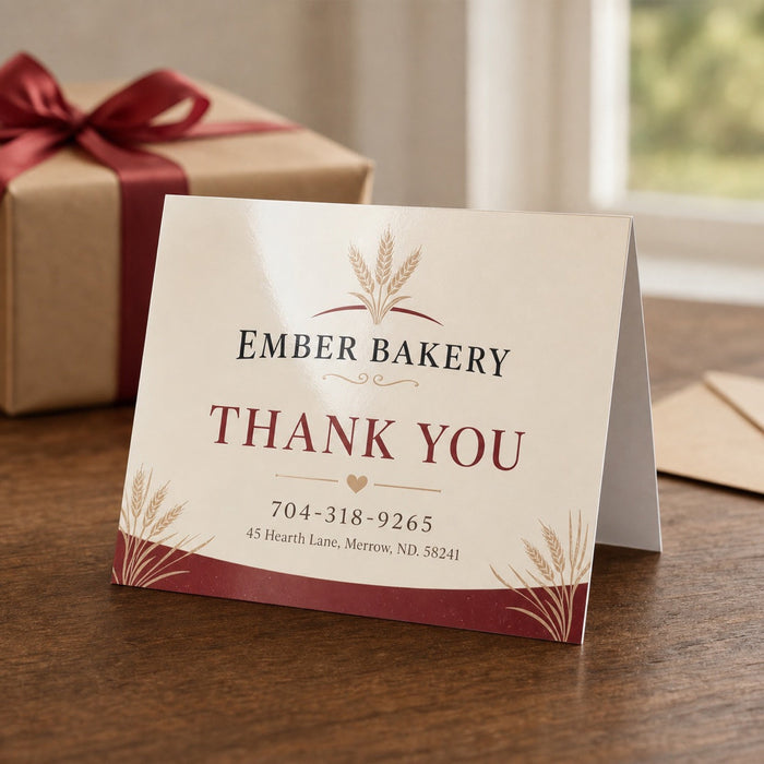 High-Gloss Greeting Cards in use - on a kitchen table beside its envelope and a pen