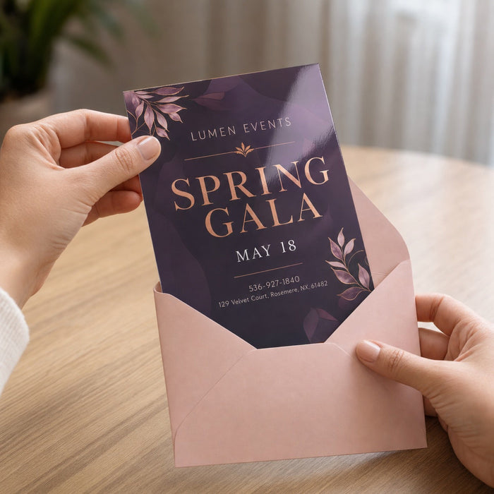 High-Gloss Invitations in use - being lifted out of its envelope by two hands over a table