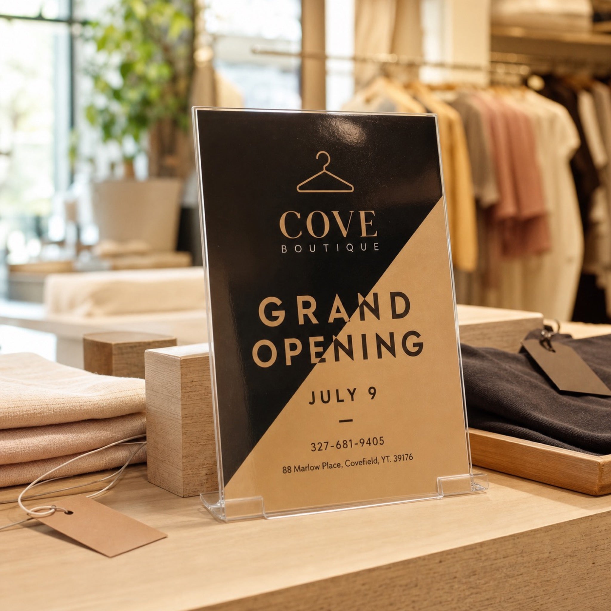 High-Gloss Invitations in use - propped on a shop counter at a grand opening