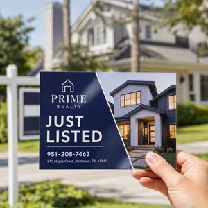 High-Gloss Postcards in use - held in one hand outside a property with a for-sale board behind