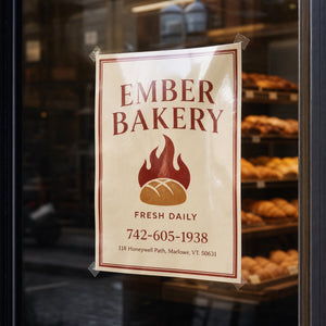 High-Gloss Posters in use - taped inside a bakery window seen from the street