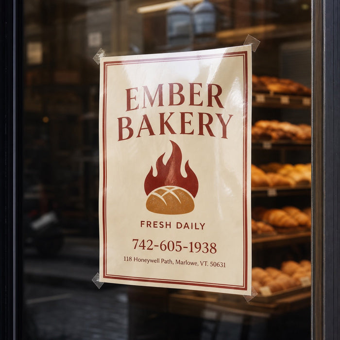 High-Gloss Posters in use - taped inside a bakery window seen from the street