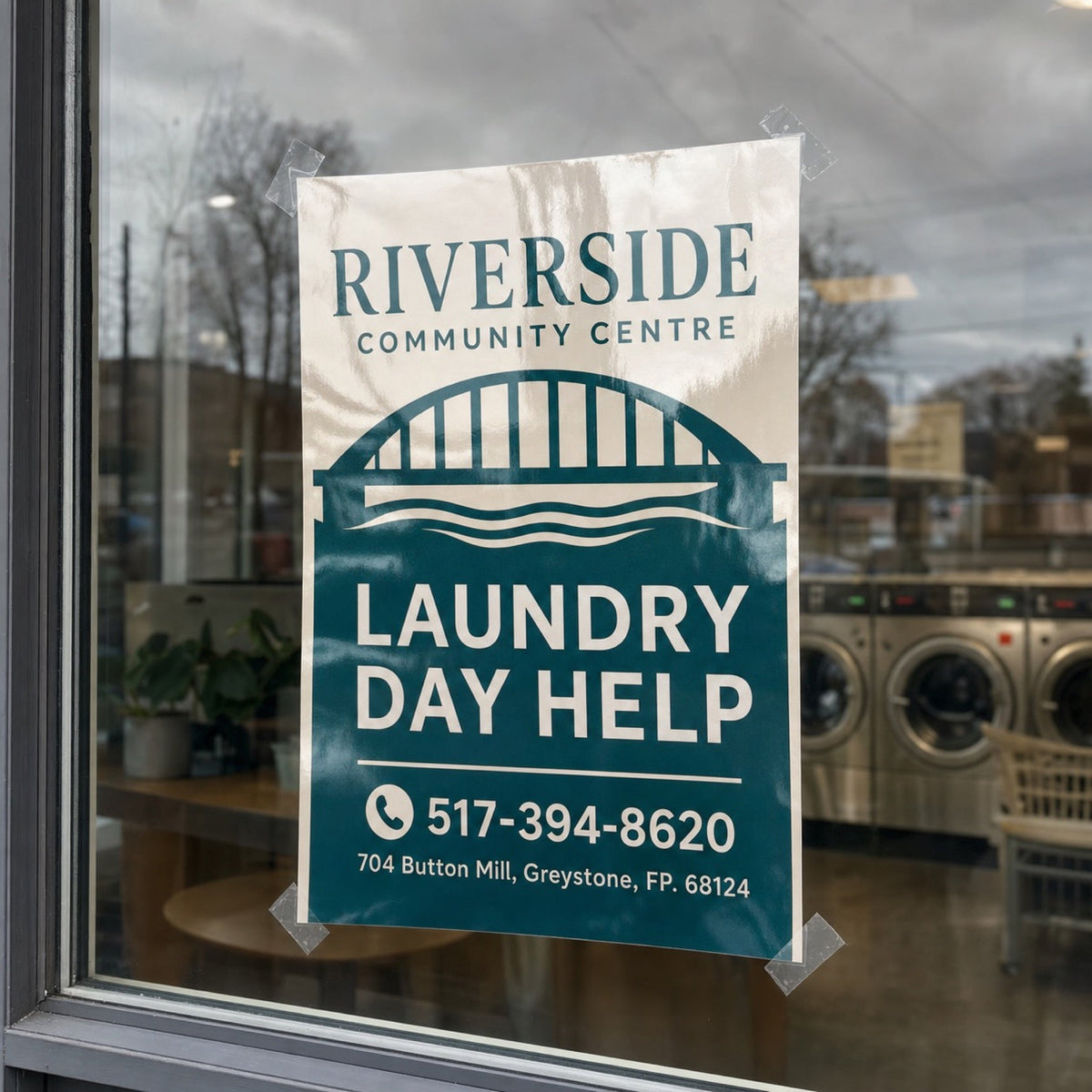 High-Gloss Posters in use - taped inside a launderette window on a grey afternoon