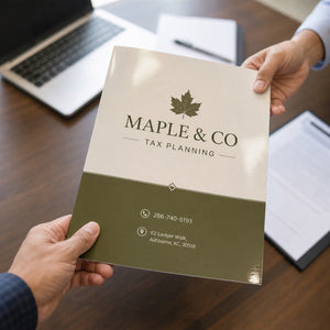 High-Gloss Presentation Folders in use - being handed across a desk to a client