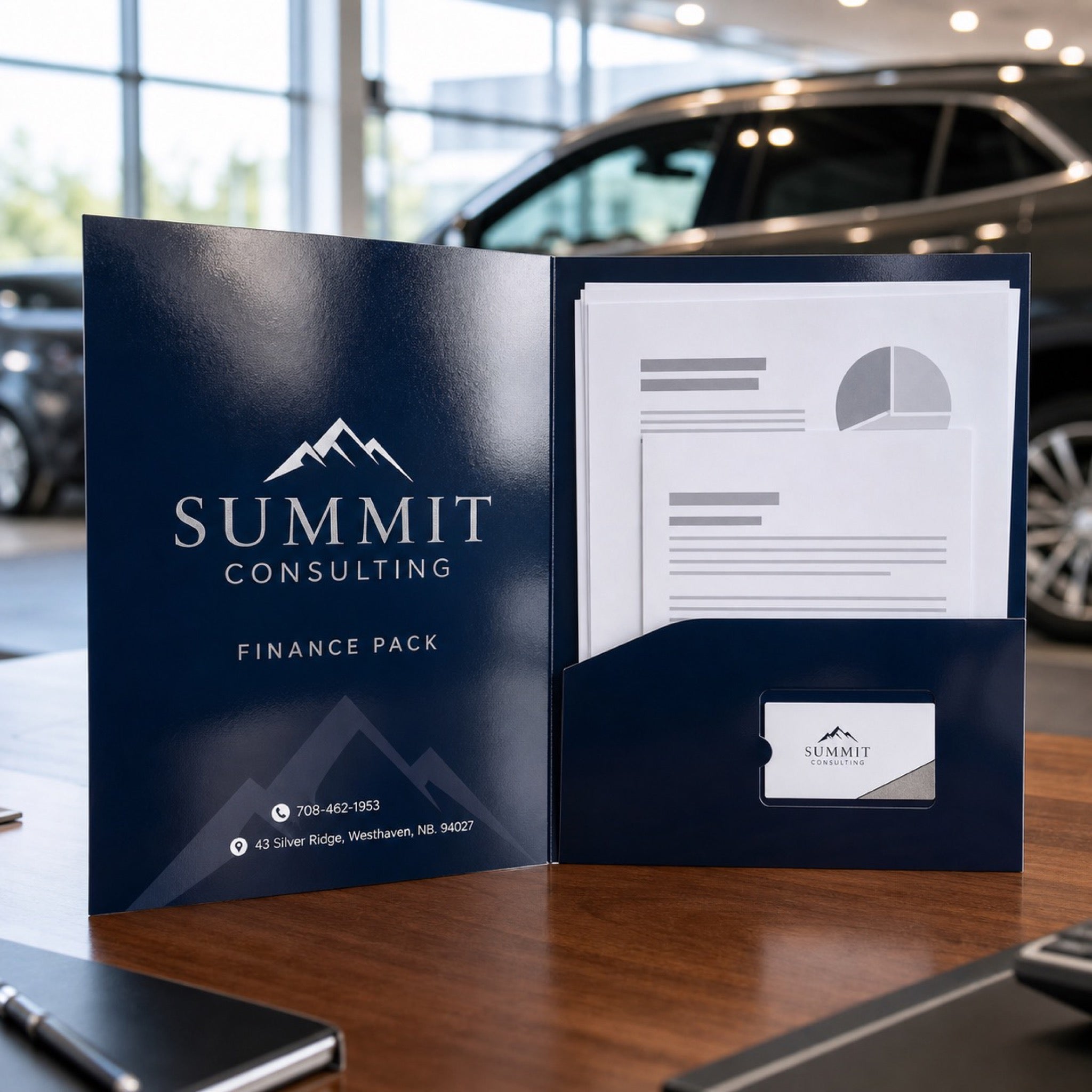 High-Gloss Presentation Folders in use - open on a car showroom desk with finance documents inside