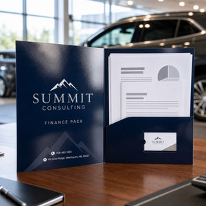 High-Gloss Presentation Folders in use - open on a car showroom desk with finance documents inside