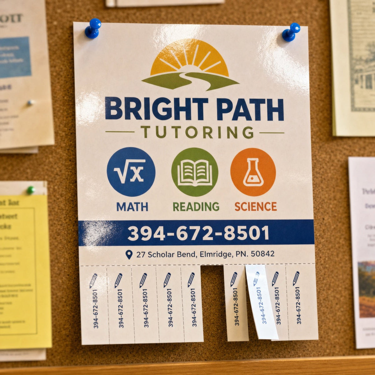 High-Gloss Tear Cards in use - pinned to a village hall noticeboard