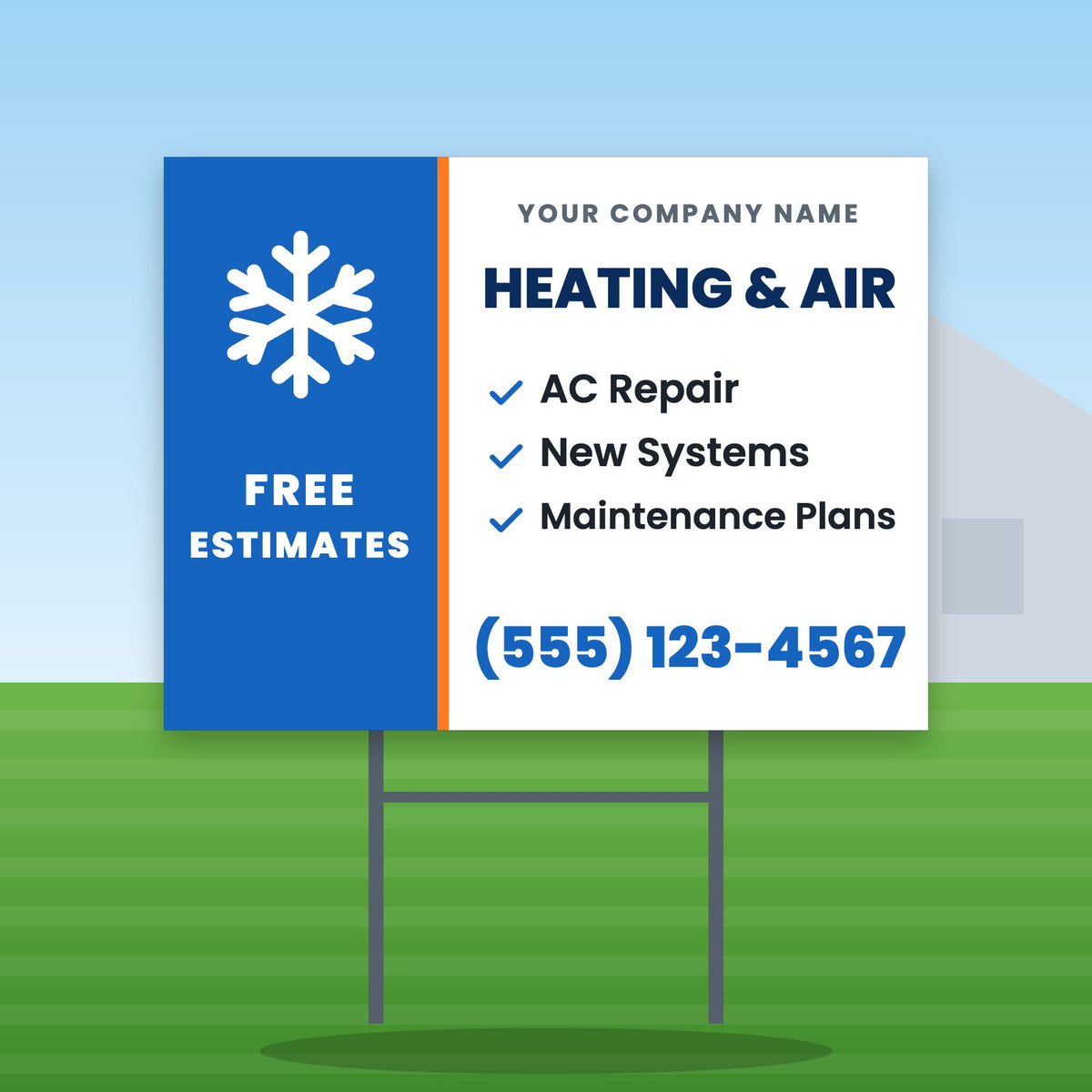HVAC Yard Sign Design 2: 24 x 18 yard sign on a steel H-stake in a front lawn