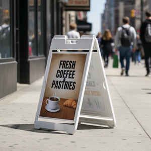 White SimpoSign II double-sided A-frame sidewalk sign with 22x28 graphics on front and back outdoors