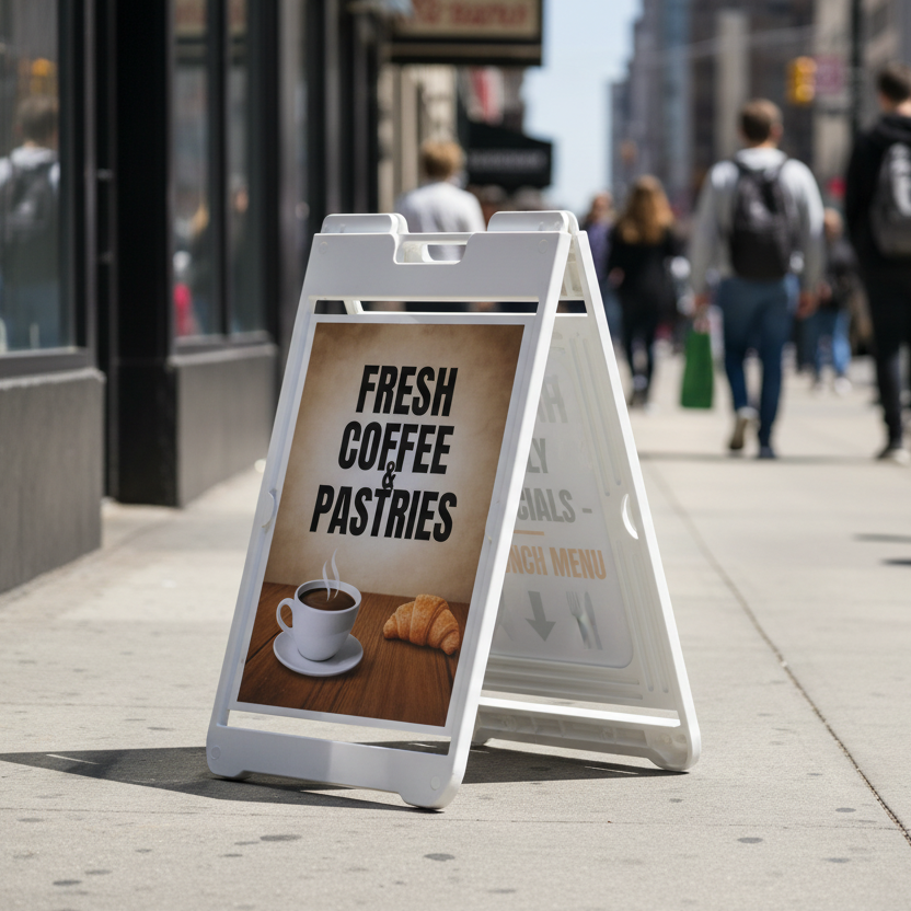 White SimpoSign II double-sided A-frame sidewalk sign with 22x28 graphics on front and back outdoors