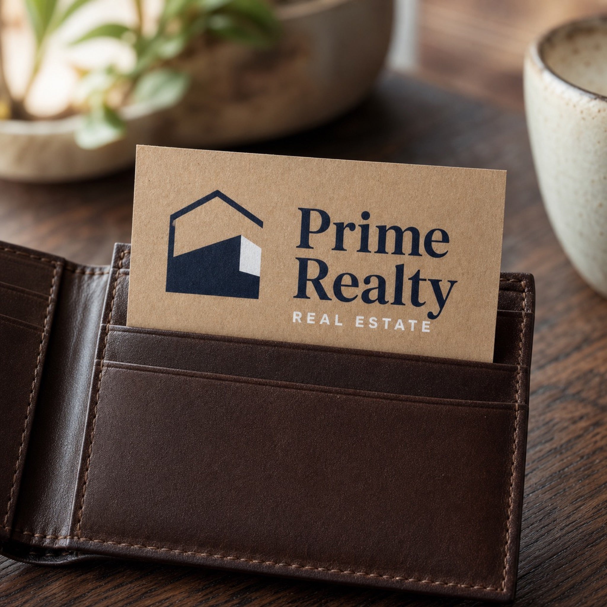 Kraft Business Cards in use - tucked into the card slot of an open leather wallet on a dark wood table