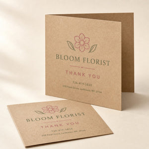 Kraft Paper Greeting Cards printed on 14PT card stock, scored and folded, 10 x 7 inches flat, folding to 5 x 7 inches, shown at an angle