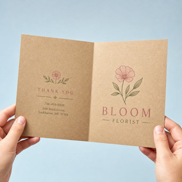 Kraft Paper Greeting Cards held in hand showing its 10 x 7 inches flat, folding to 5 x 7 inches size