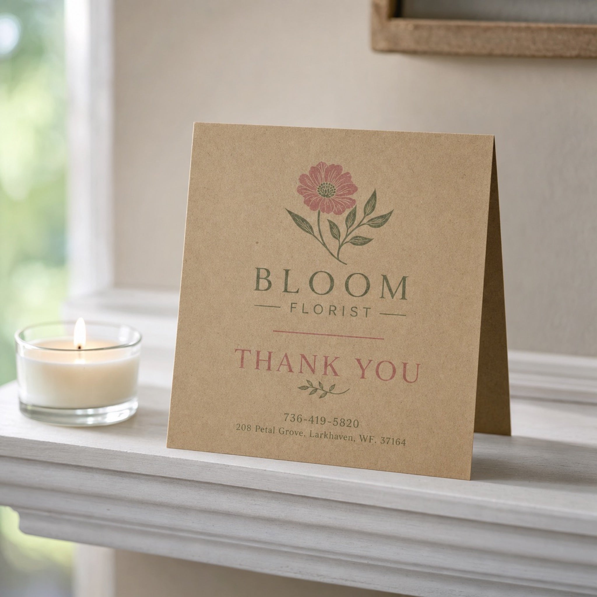 Kraft Paper Greeting Cards in use - standing open on a mantelpiece beside a small candle