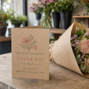 Kraft Paper Greeting Cards in use - on a florist's counter beside a wrapped bouquet