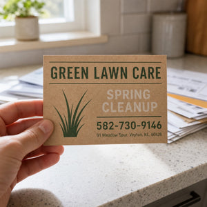 Kraft Paper Postcards in use - held in one hand at a kitchen counter
