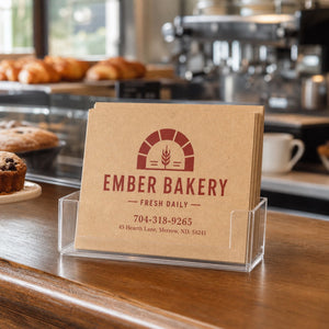 Kraft Paper Postcards in use - in a rack on a bakery counter