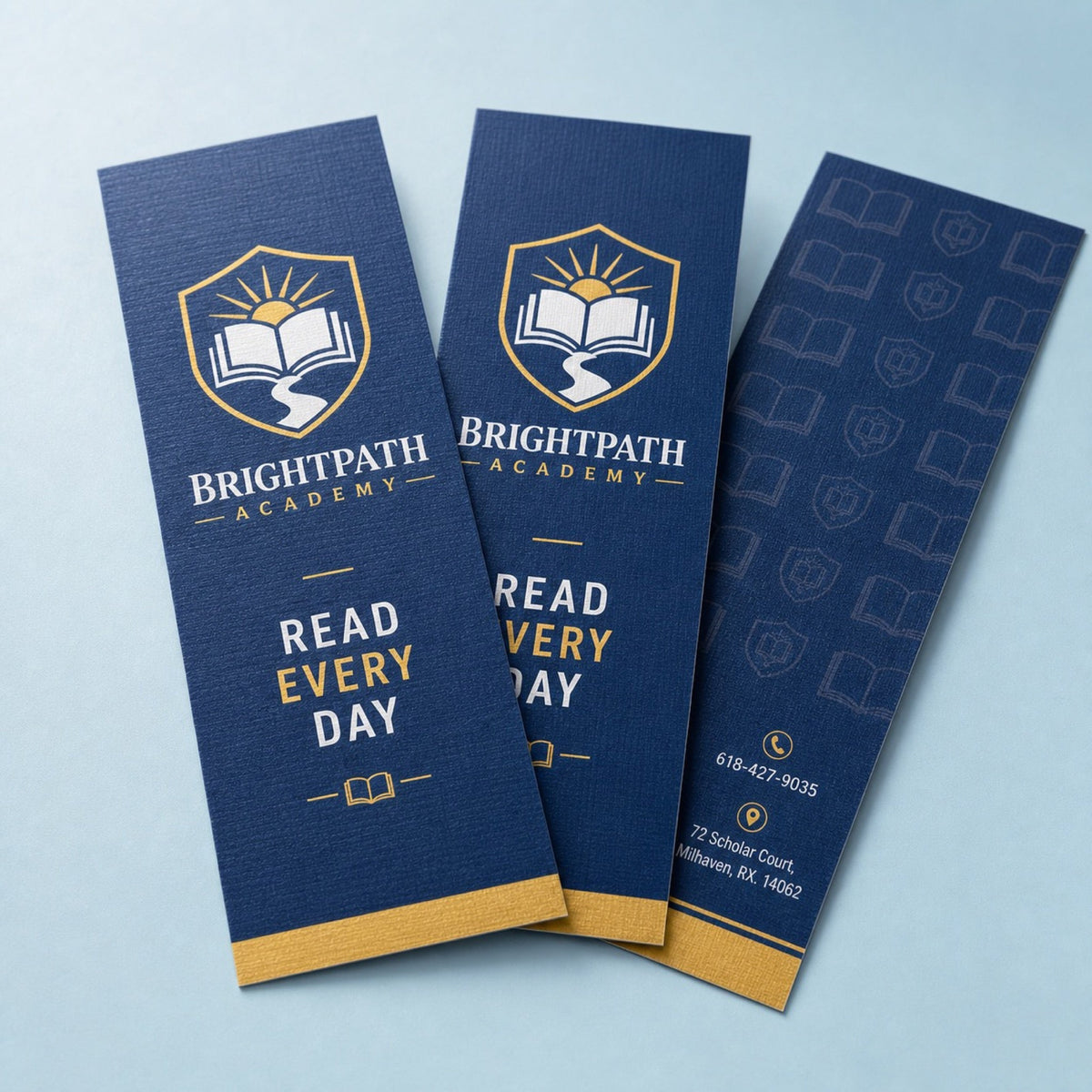 Linen Bookmarks printed on 14PT card stock, 2 x 6 inches, shown at an angle
