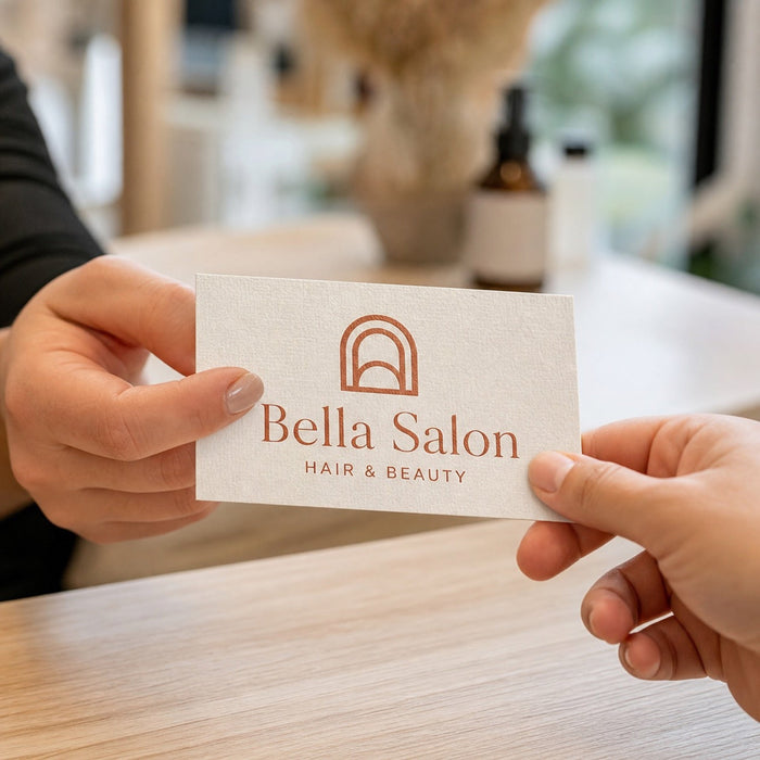 Linen Business Cards in use - being handed across a light wooden salon reception counter from one hand to another