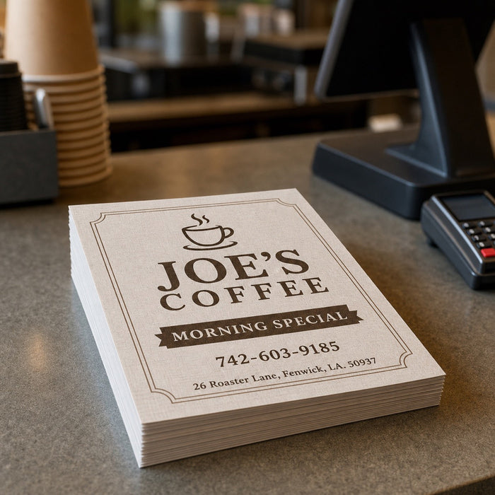 Linen Flyers in use - in a neat stack on a cafe counter beside the till