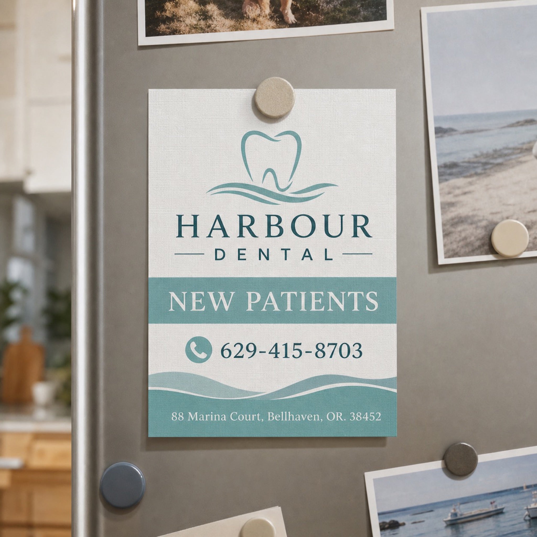 Linen Postcards in use - pinned to a fridge door with a magnet among a few family photos