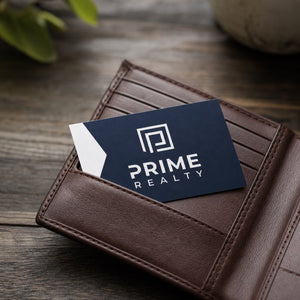 Matte Business Cards in use - tucked into the card slot of an open leather wallet on a dark wood table
