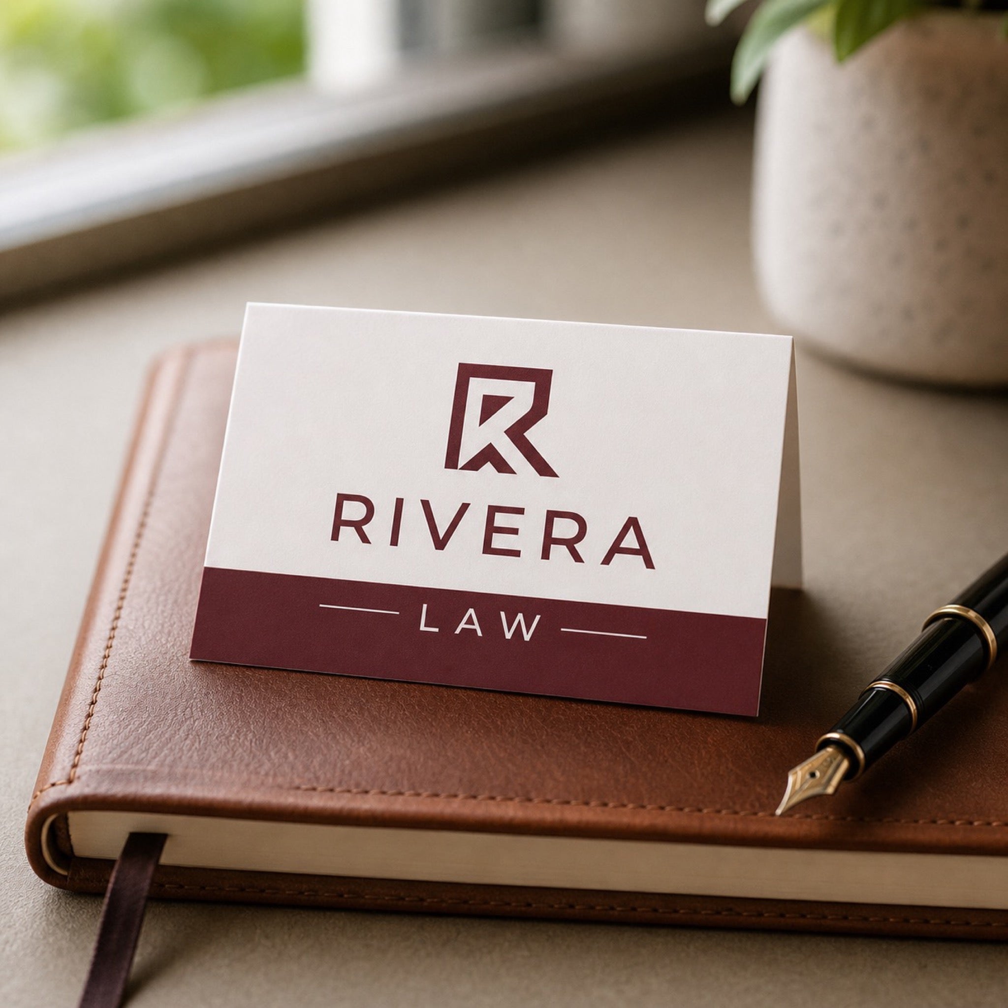 Matte Folded Business Cards in use - resting closed on a leather notebook beside a fountain pen