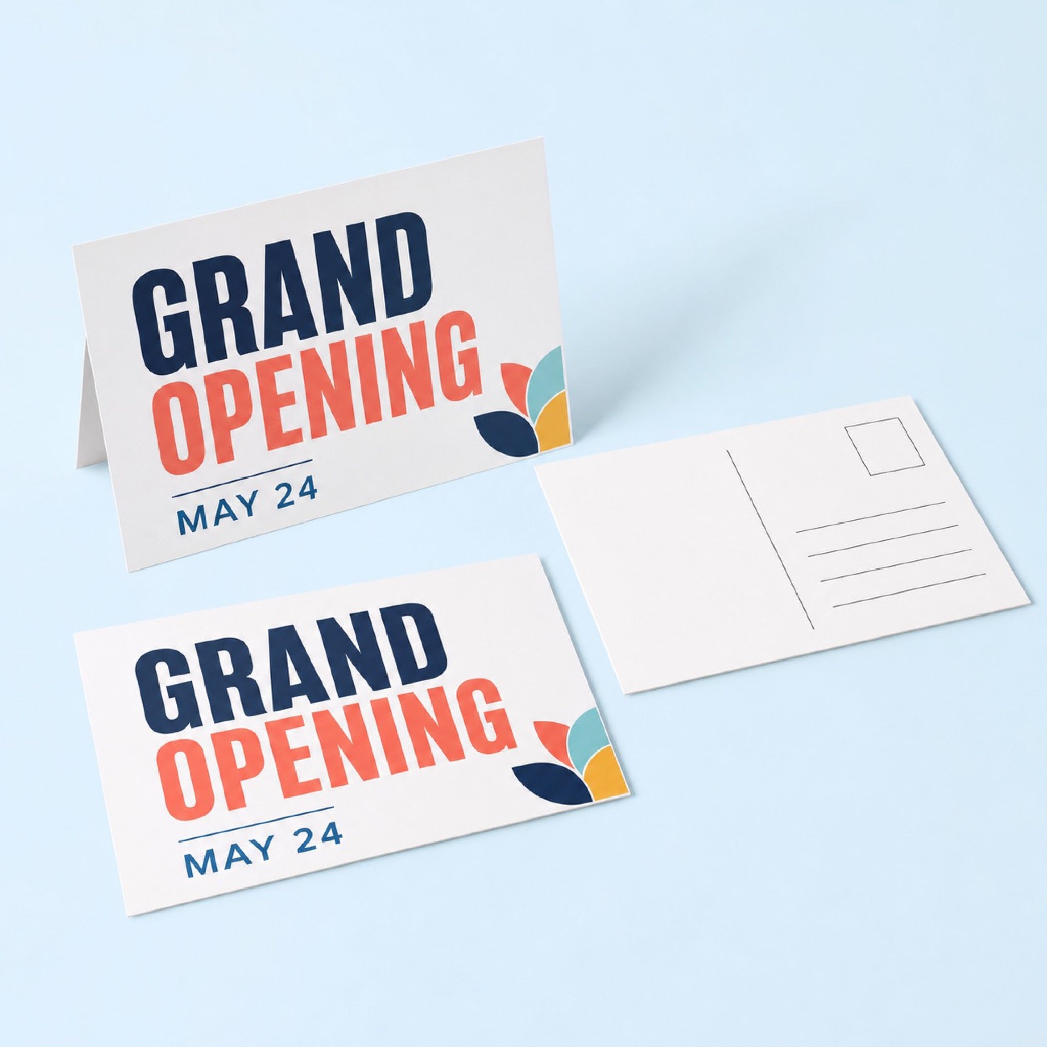 Matte Postcards printed as a GRAND OPENING announcement with a date and a small logo mark