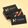 Metallic Foil Business Cards printed on 16PT card stock with real metallic foil stamping, 3.5 x 2 inches, shown at an angle