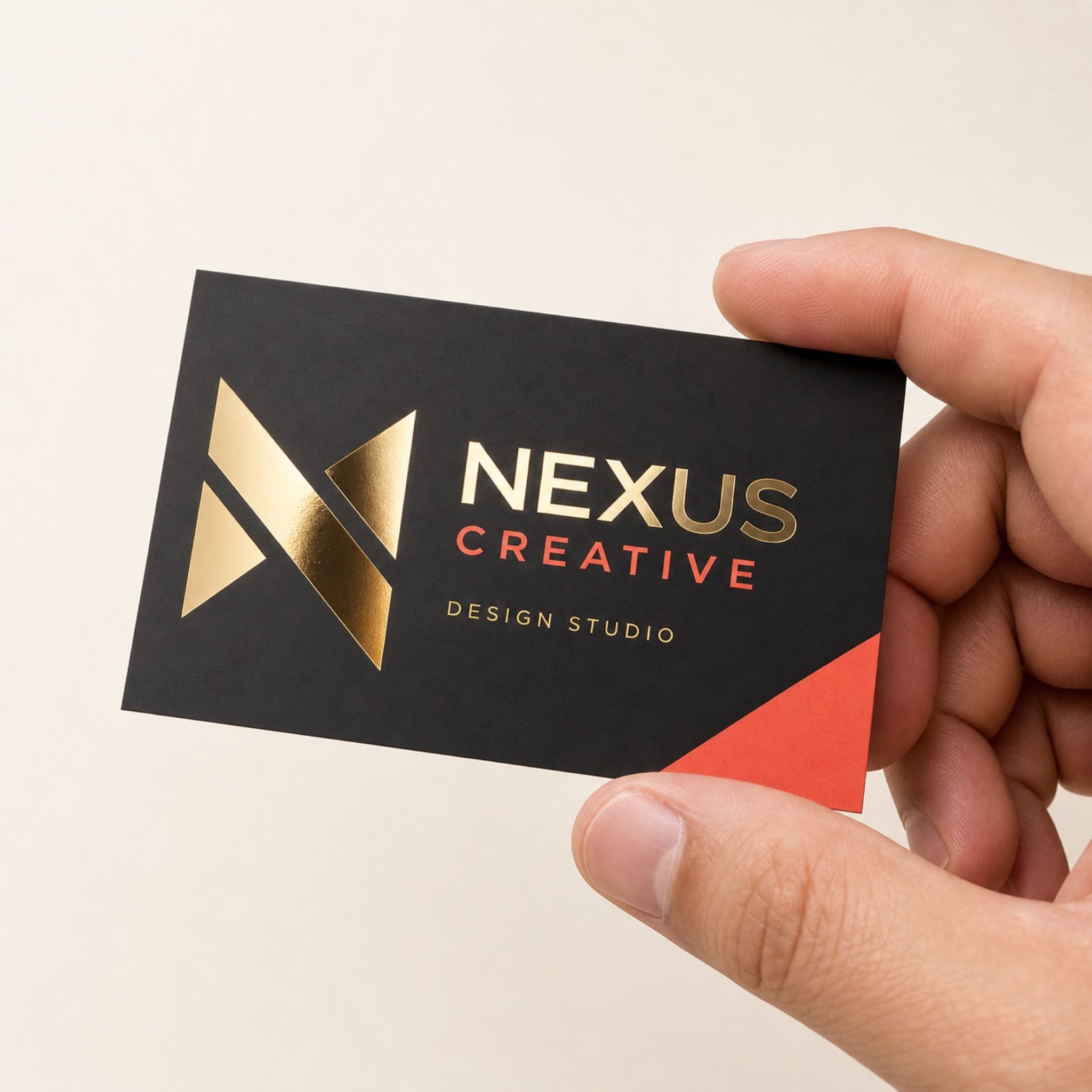 Metallic Foil Business Cards held in hand showing its 3.5 x 2 inches size