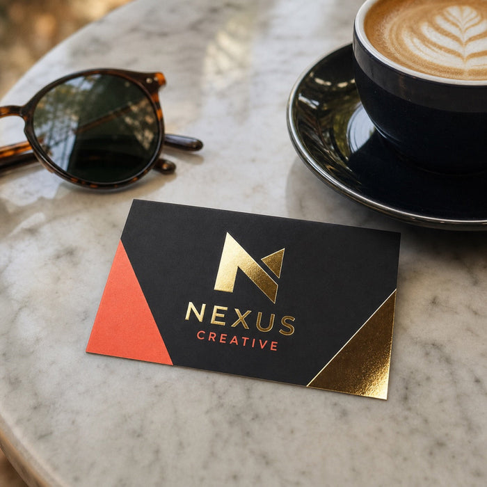 Metallic Foil Business Cards in use - resting on a marble cafe table next to a flat white coffee and a pair of sunglasses
