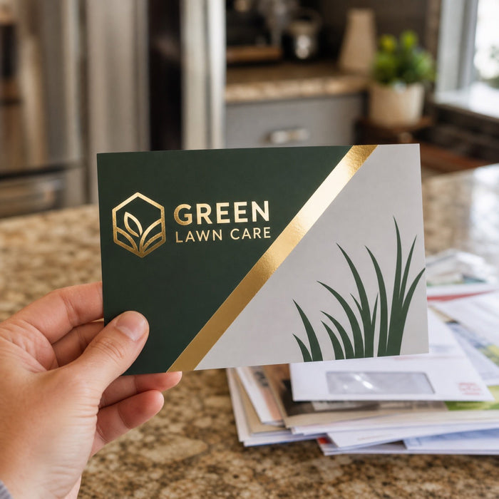 Metallic Foil Postcards in use - held in one hand at a kitchen counter