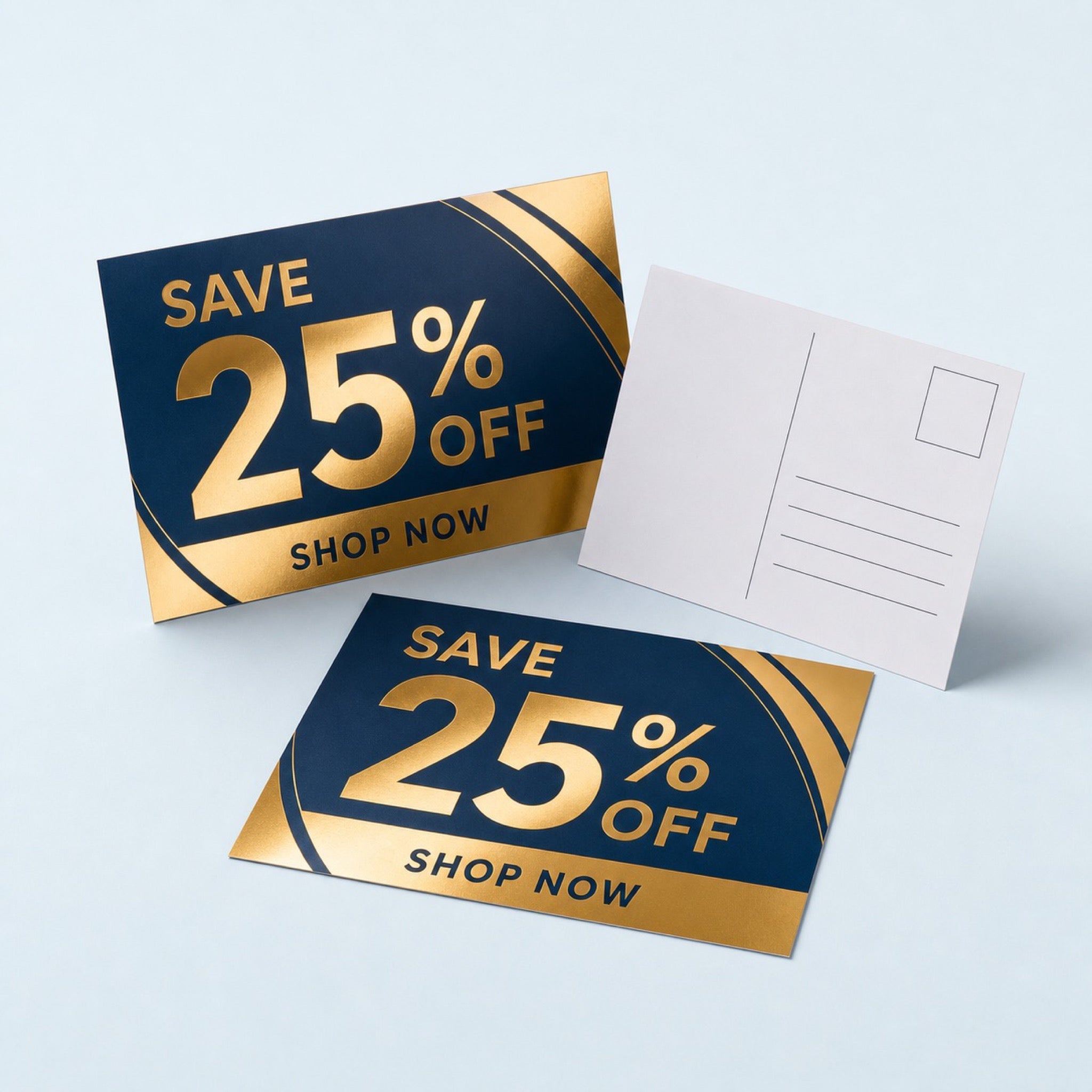 Metallic Foil Postcards printed as a direct mail promotion, a large offer figure and a short call to action