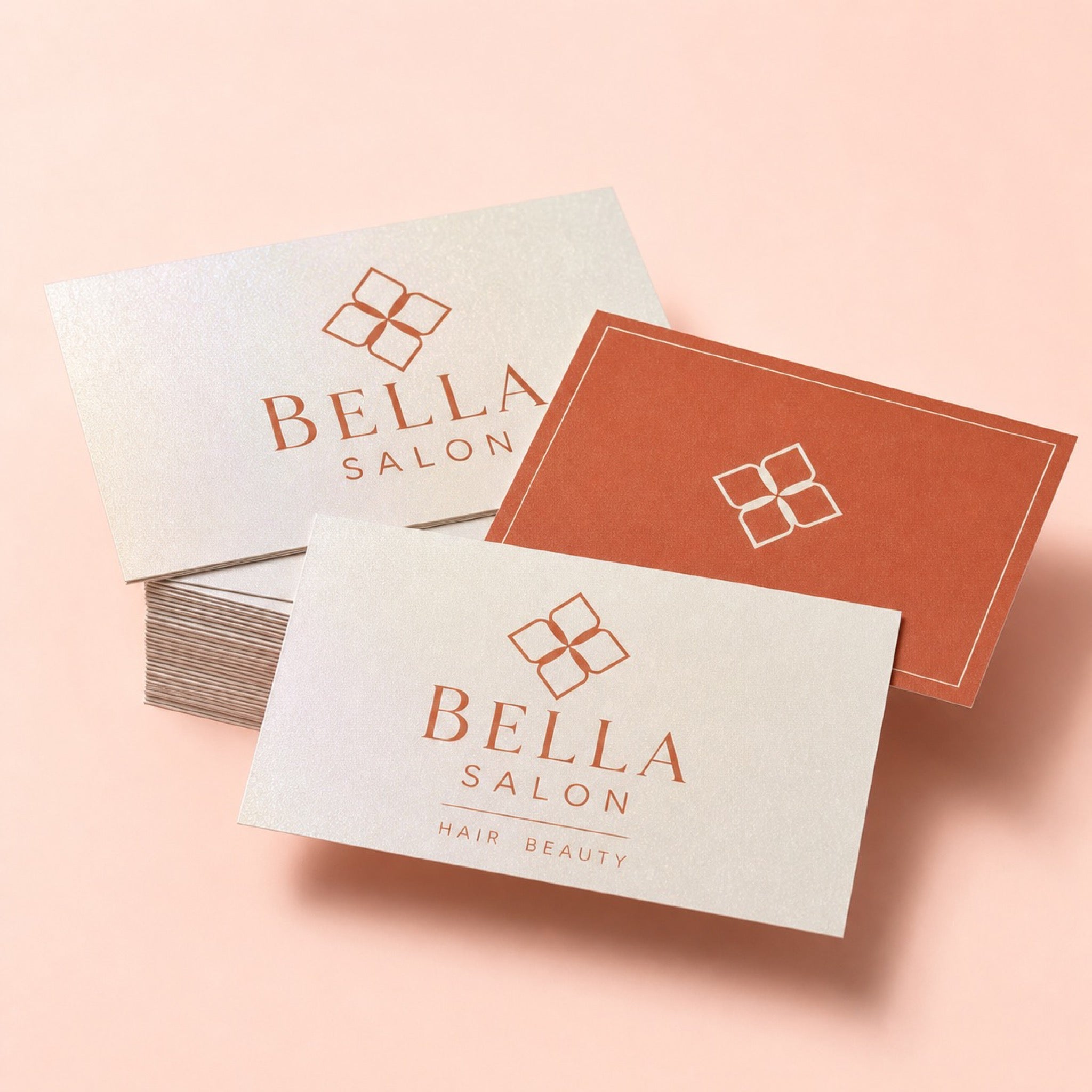 Pearl Business Cards printed on 14PT pearlescent shimmer card stock, 3.5 x 2 inches, shown at an angle