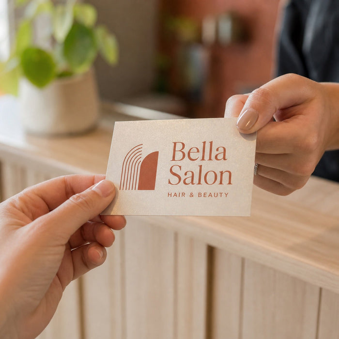 Pearl Business Cards in use - being handed across a light wooden salon reception counter from one hand to another