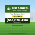 Pest Control Yard Sign Design 1: 24 x 18 yard sign on a steel H-stake in a front lawn