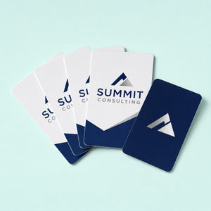 Plastic Business Cards printed on 14PT plastic, thinner and more flexible than a credit card, 3.5 x 2 inches with rounded corners, shown at an angle