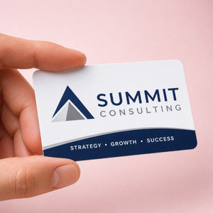 Plastic Business Cards held in hand showing its 3.5 x 2 inches with rounded corners size