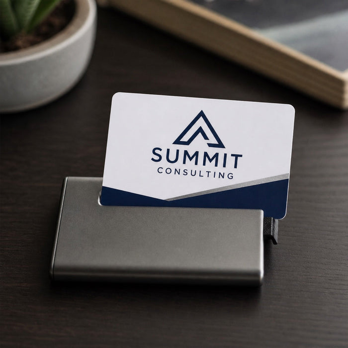Plastic Business Cards in use - in the card slot of a slim metal wallet on a dark desk