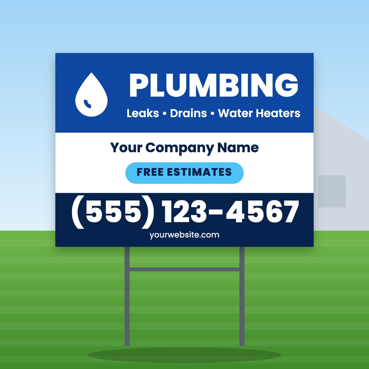 Plumbing Yard Sign Design 1: 24 x 18 yard sign on a steel H-stake in a front lawn