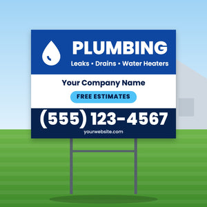 Plumbing Yard Sign Design 1: 24 x 18 yard sign on a steel H-stake in a front lawn