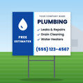 Plumbing Yard Sign Design 2: 24 x 18 yard sign on a steel H-stake in a front lawn