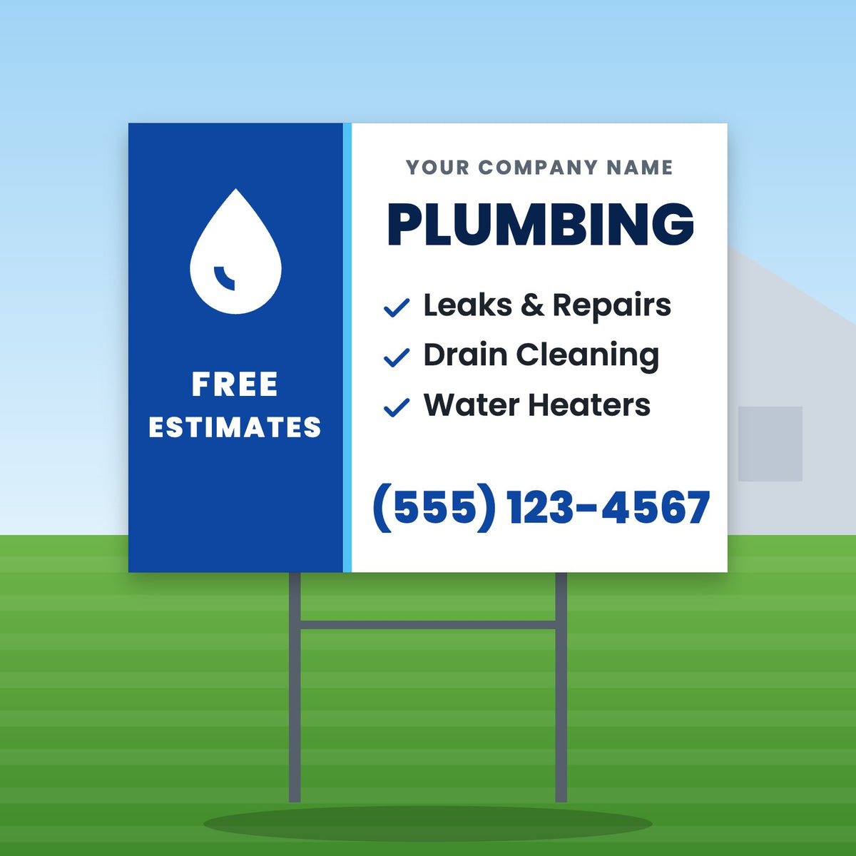 Plumbing Yard Sign Design 2: 24 x 18 yard sign on a steel H-stake in a front lawn