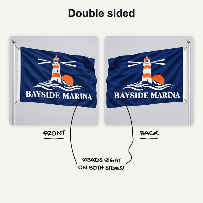 Double sided pole flag: reads correctly on the front and the back