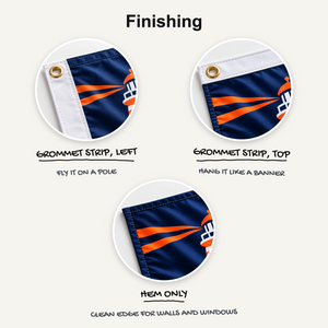Pole flag finishing options: grommet strip on the left, grommet strip on the top, or hem only
