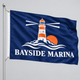 Custom printed pole flag with a white grommet strip and brass grommets clipped to a silver flagpole